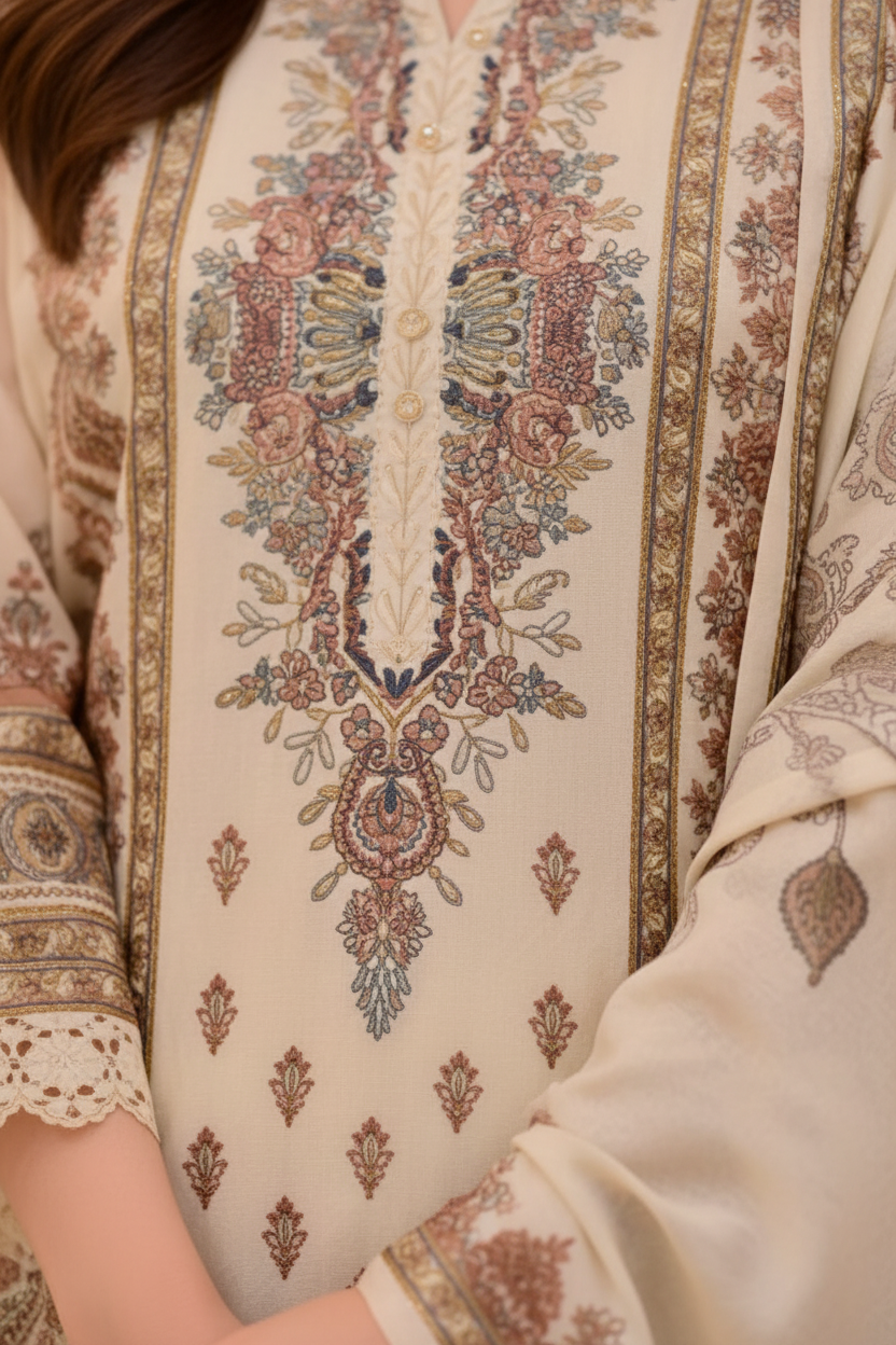 Cream Embroidered Lawn Suit | Floral Kurta with Printed Dupatta – Aayat Studio - Aayat Studio- House of embroidery