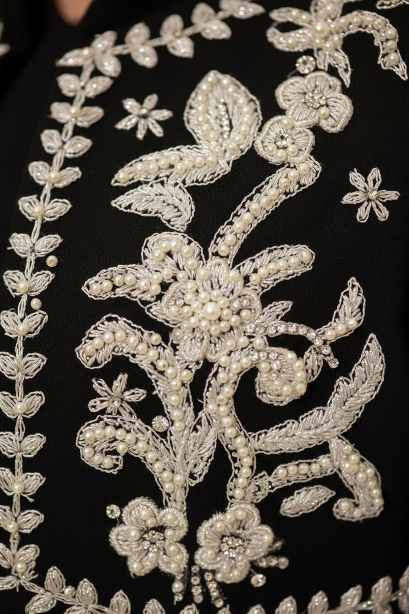 Black Pearl Embroidered Jacket Gown | White Floral Luxury Pakistani Dress – Aayat Studio - Aayat Studio- House of embroidery