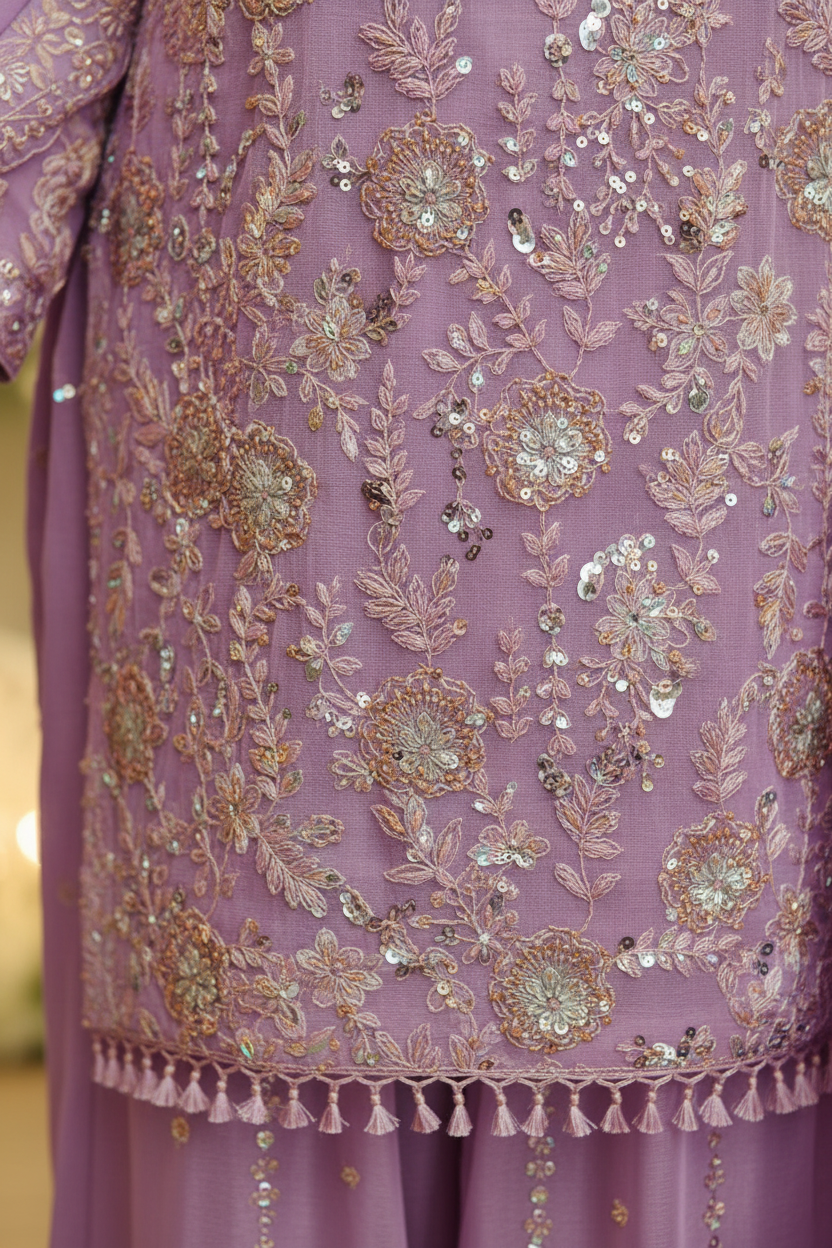 Lilac Sharara Suit | Heavy Multicolour Floral Embroidery Pakistani Dress – Aayat Studio - Aayat Studio- House of embroidery