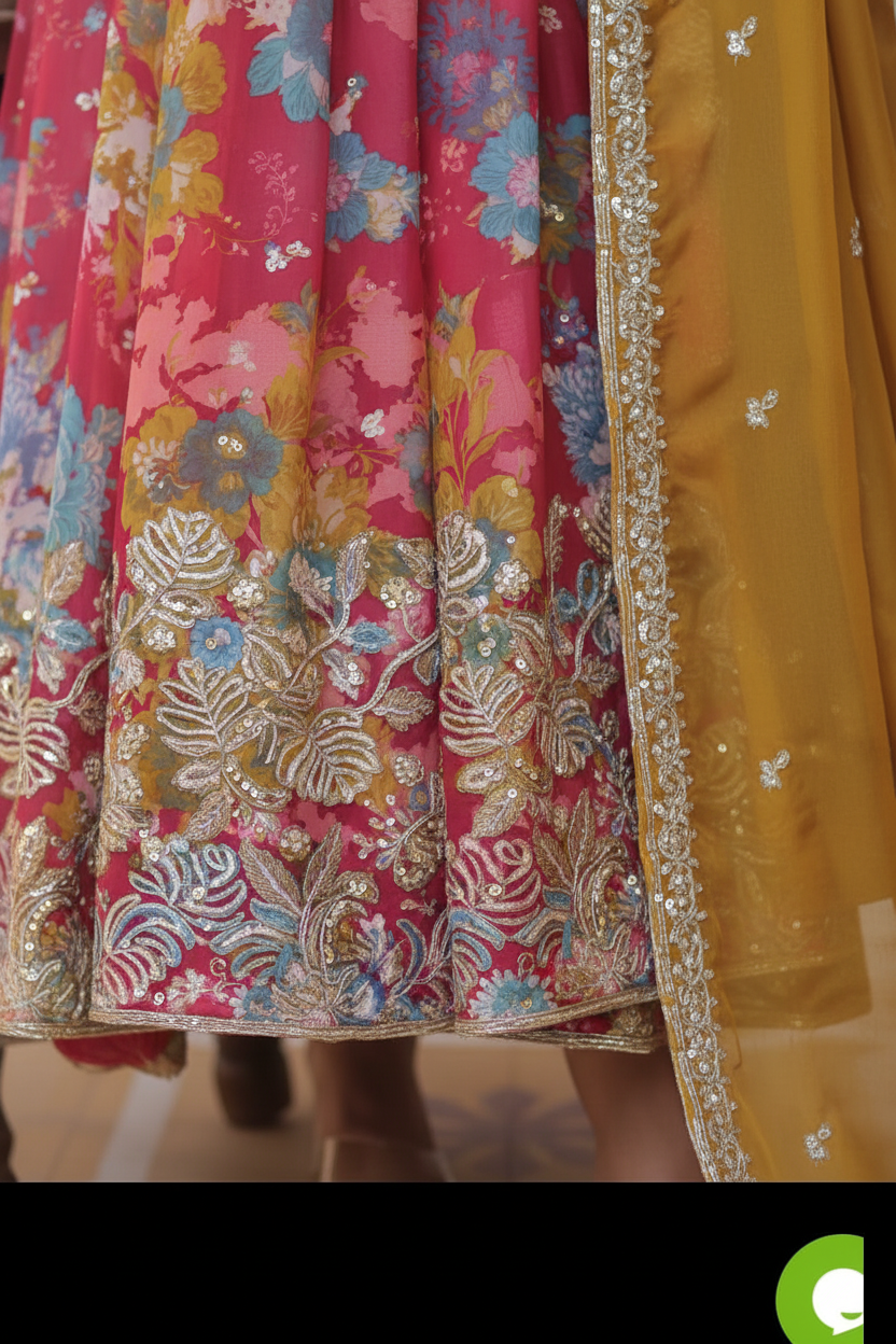 Pink Floral Anarkali Suit | Gold Embroidered Hem Chiffon Frock – Aayat Studio - Aayat Studio- House of embroidery
