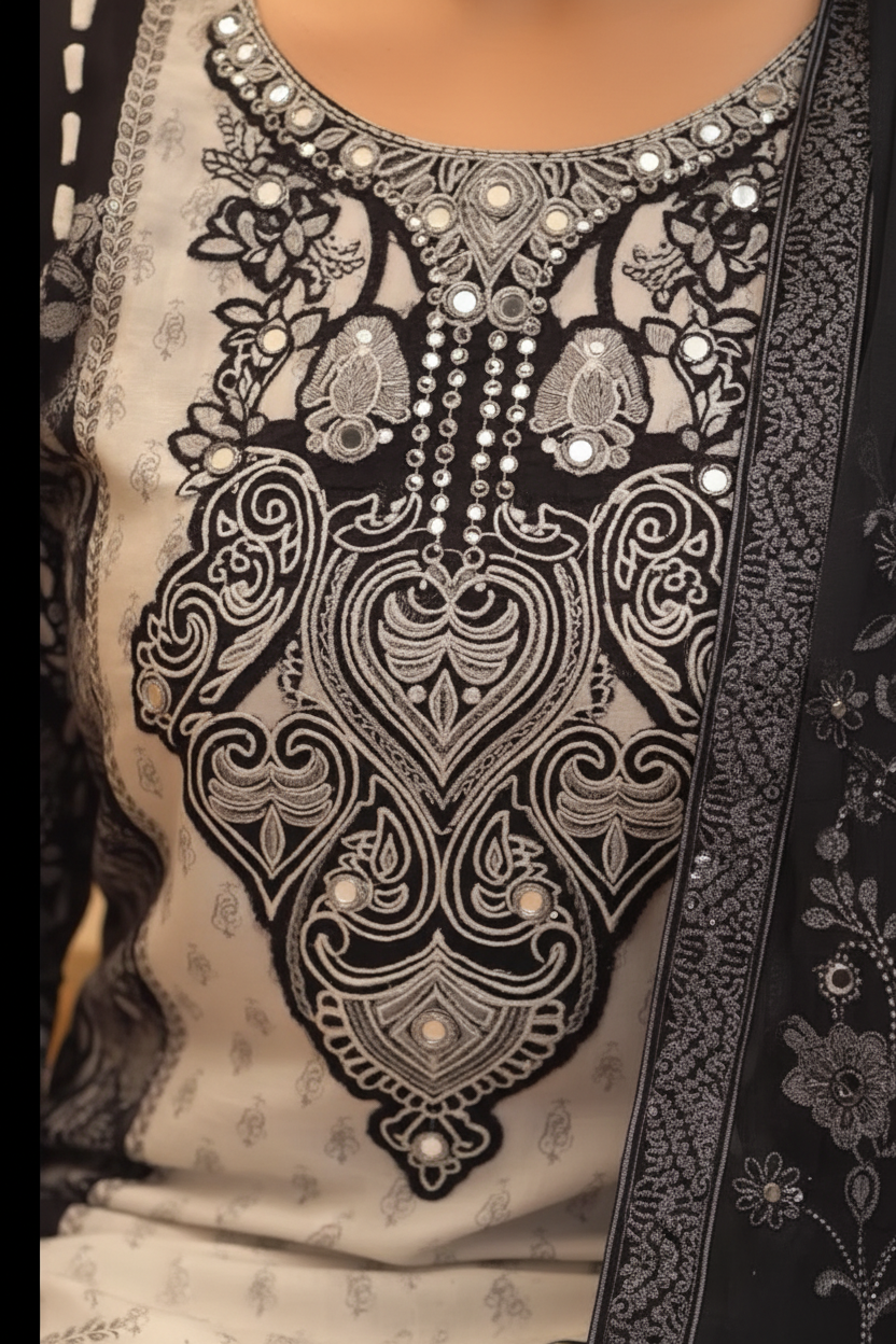 Black Embroidered Lawn Suit | Mirror Work Kurta with Chiffon Dupatta – Aayat Studio - Aayat Studio- House of embroidery