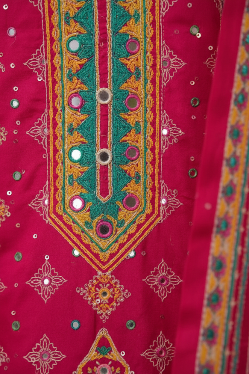 Pink Printed Lawn Suit | Embellished Neckline Kurta – Aayat Studio - Aayat Studio- House of embroidery