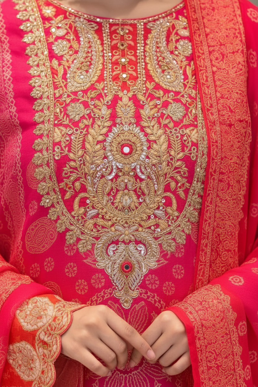 Coral Red Embroidered Suit | Gold Zari Bandhani Kurta – Aayat Studio - Aayat Studio- House of embroidery