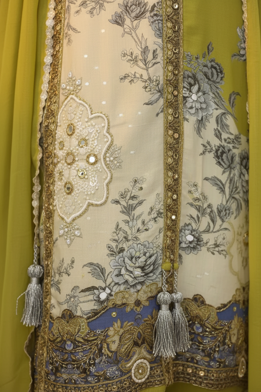 Olive Green Embroidered Suit | Gold Zari Mirror Work Kurta – Aayat Studio - Aayat Studio- House of embroidery