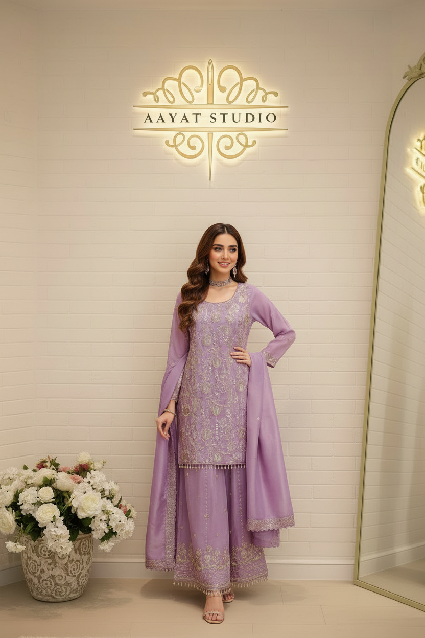 Lilac Sharara Suit | Heavy Multicolour Floral Embroidery Pakistani Dress – Aayat Studio - Aayat Studio- House of embroidery