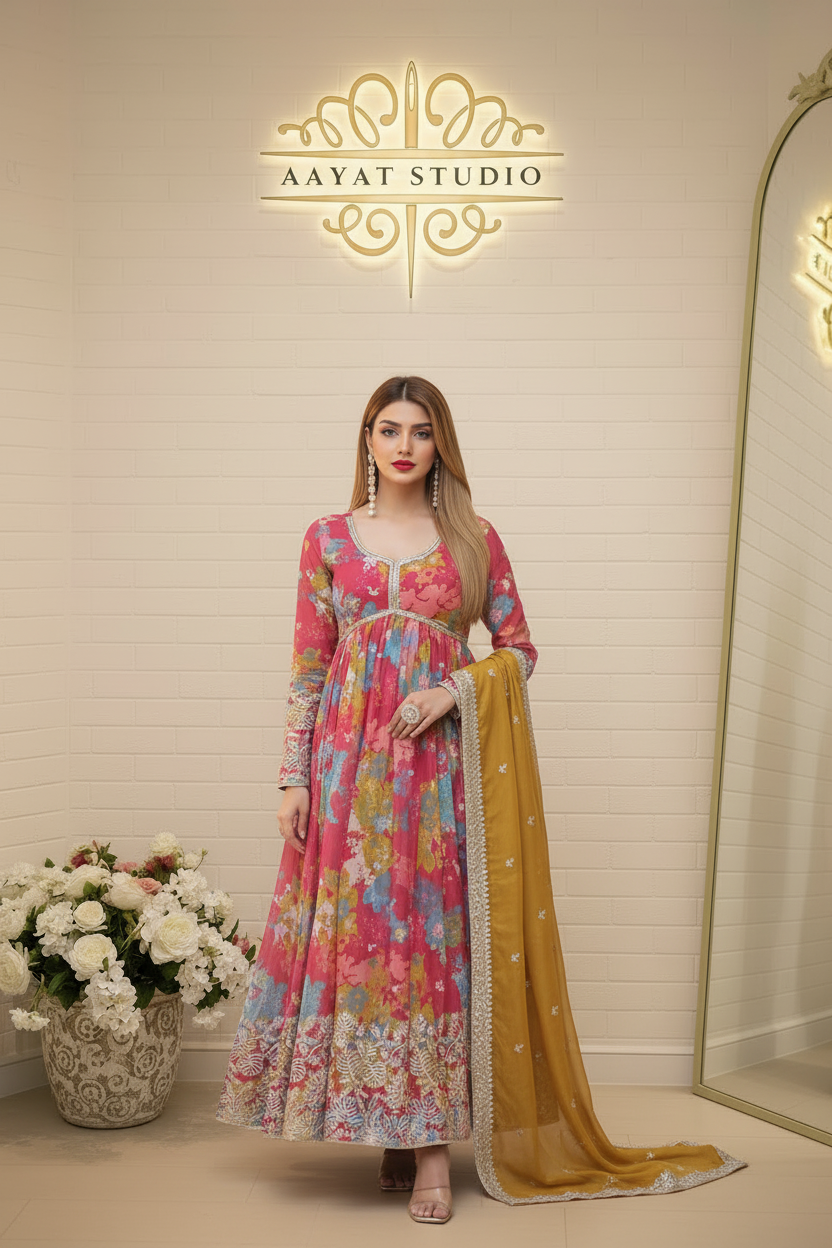 Pink Floral Anarkali Suit | Gold Embroidered Hem Chiffon Frock – Aayat Studio - Aayat Studio- House of embroidery