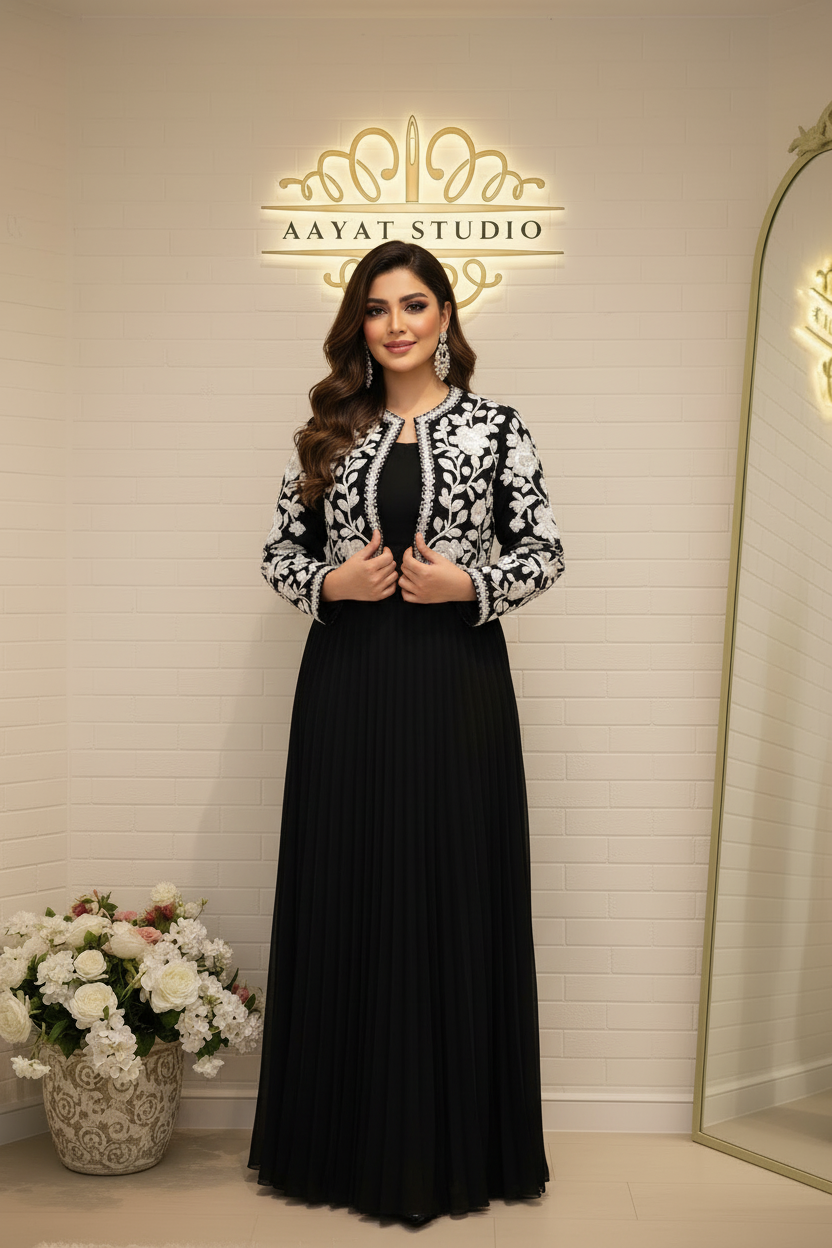 Black Pearl Embroidered Jacket Gown | White Floral Luxury Pakistani Dress – Aayat Studio - Aayat Studio- House of embroidery