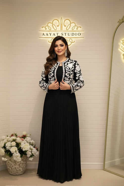 Black Pearl Embroidered Jacket Gown | White Floral Luxury Pakistani Dress – Aayat Studio - Aayat Studio- House of embroidery