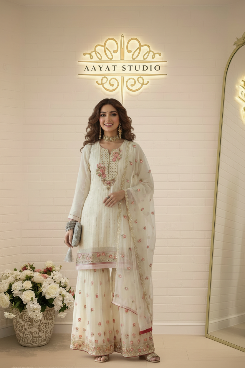 Ivory White Sharara Suit | Mirror Work Pink Floral Embroidery – Aayat Studio - Aayat Studio- House of embroidery