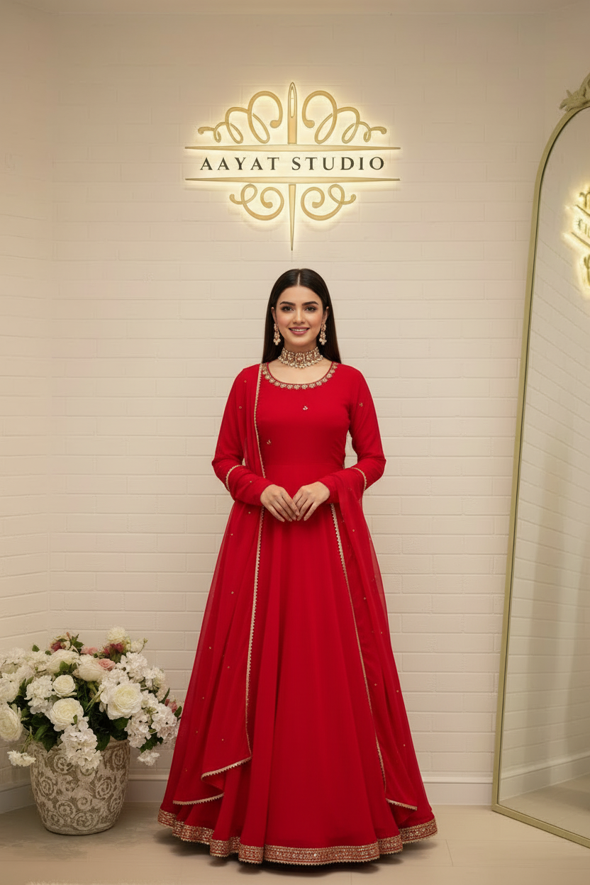 Red Anarkali Gown | Gold Sequin Embroidered Hem Bridal Frock – Aayat Studio - Aayat Studio- House of embroidery