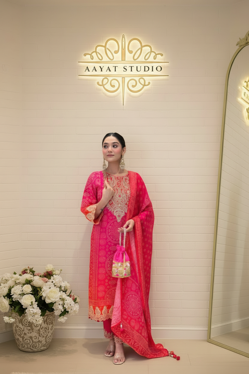 Coral Red Embroidered Suit | Gold Zari Bandhani Kurta – Aayat Studio - Aayat Studio- House of embroidery