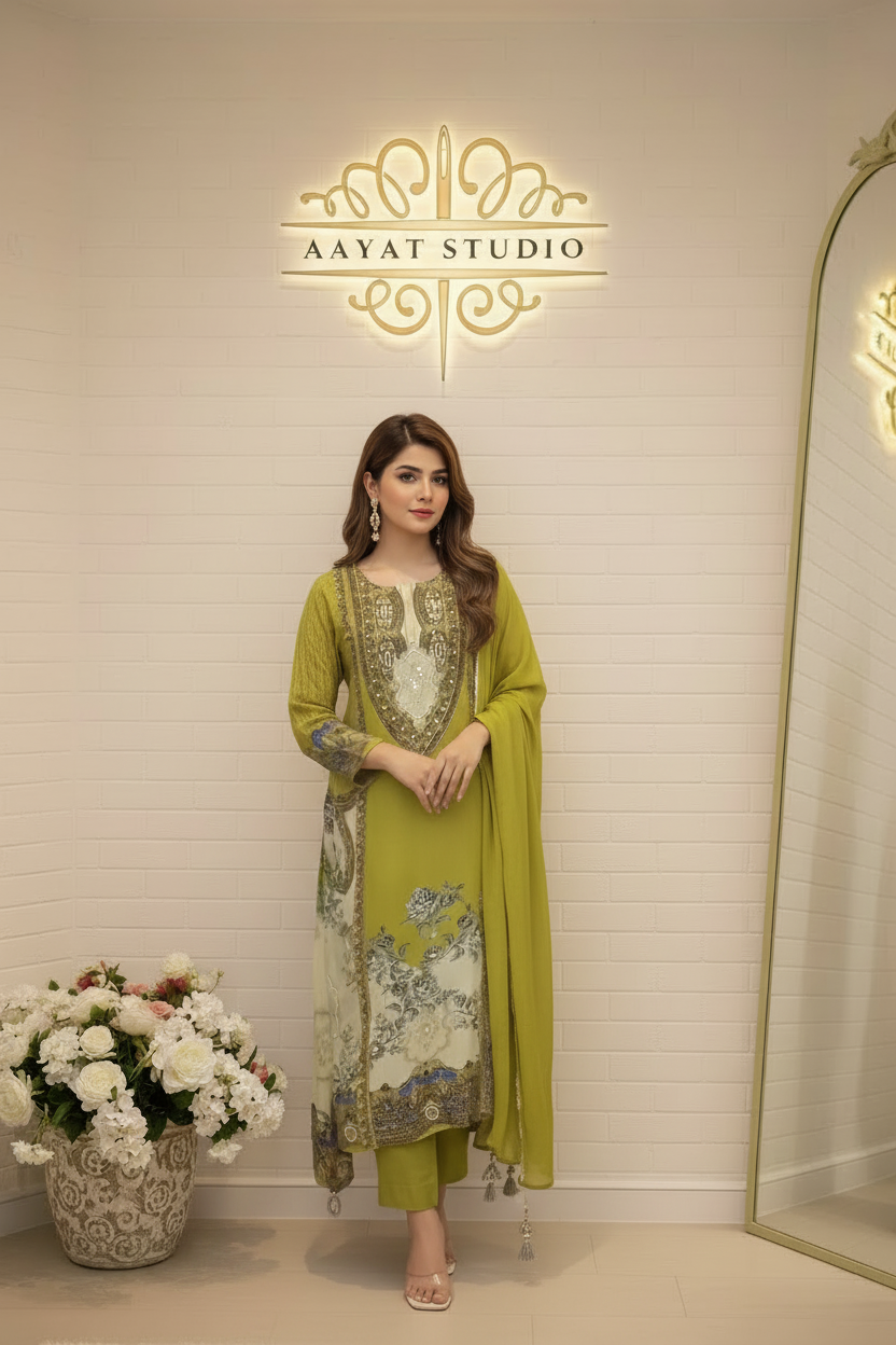 Olive Green Embroidered Suit | Gold Zari Mirror Work Kurta – Aayat Studio - Aayat Studio- House of embroidery