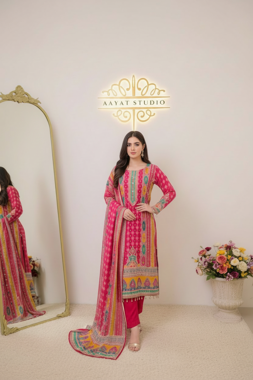 Pink Printed Lawn Suit | Embellished Neckline Kurta – Aayat Studio - Aayat Studio- House of embroidery