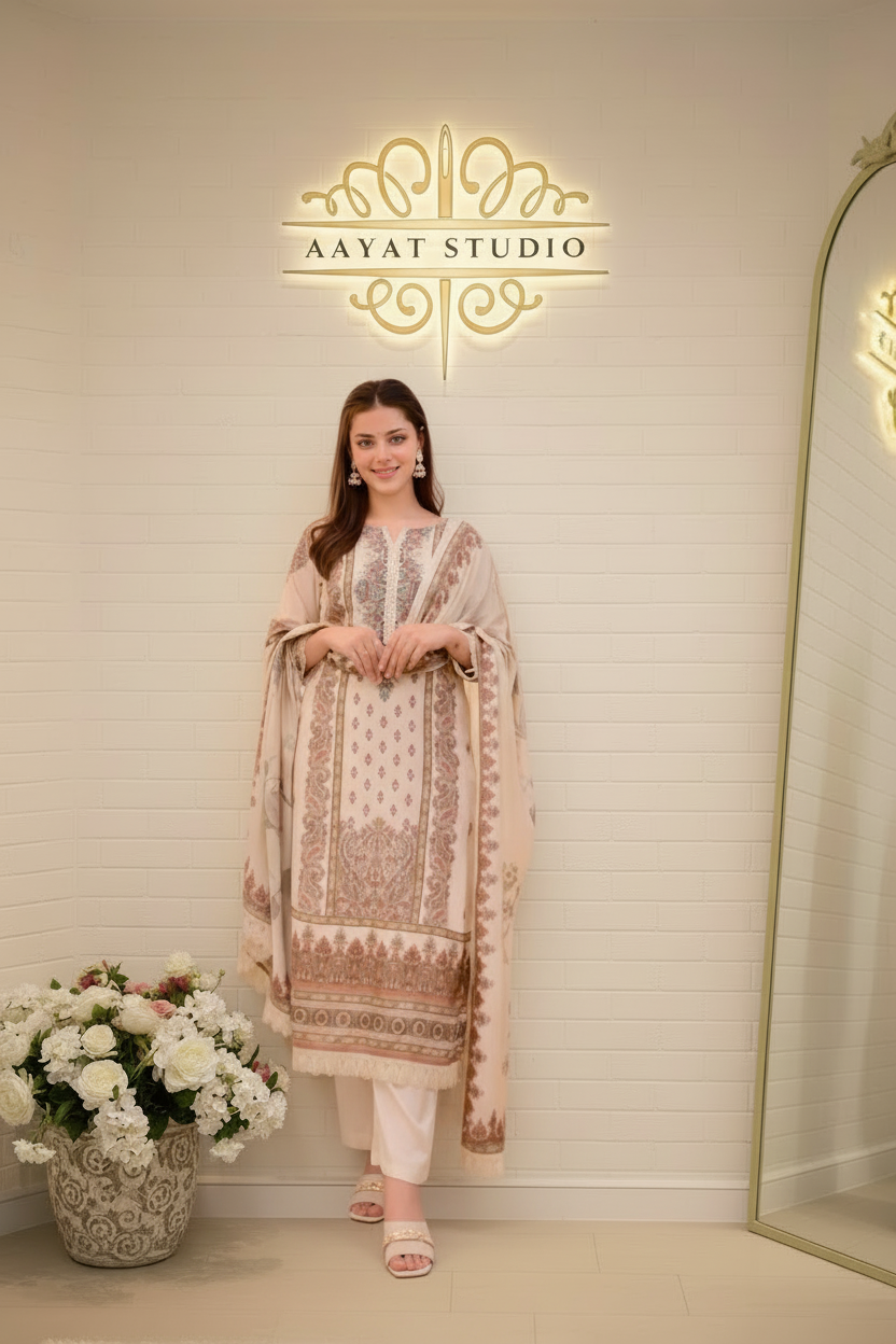 Cream Embroidered Lawn Suit | Floral Kurta with Printed Dupatta – Aayat Studio - Aayat Studio- House of embroidery