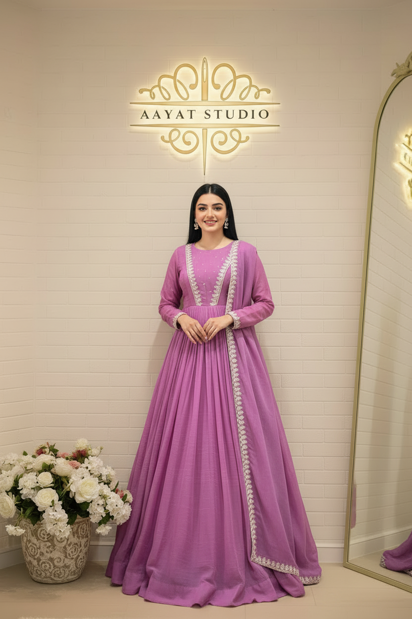 Lilac Purple Anarkali Suit | White Floral Embroidery Chiffon Frock – Aayat Studio - Aayat Studio- House of embroidery