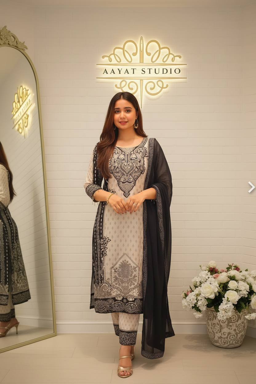 Black Embroidered Lawn Suit | Mirror Work Kurta with Chiffon Dupatta – Aayat Studio - Aayat Studio- House of embroidery