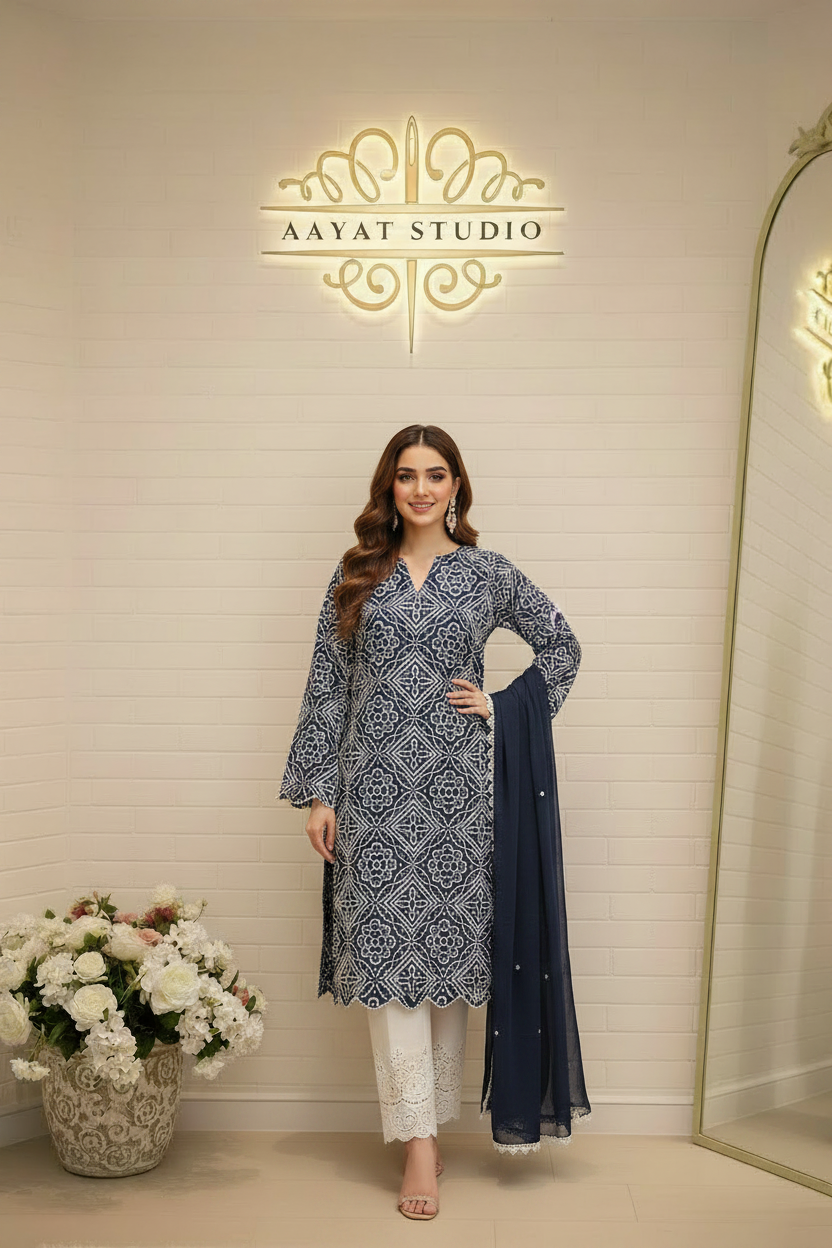 Navy Blue Kantha Chikankari Kurta Set | All-Over Geometric Embroidery Pakistani Dress – Aayat Studio - Aayat Studio- House of embroidery