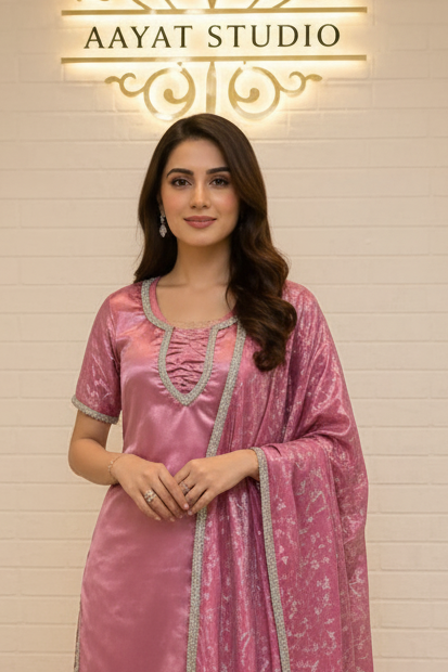 Dusty Rose Silk Sharara Suit | Silver Zari Jacquard Kurta Pakistani Dress – Aayat Studio