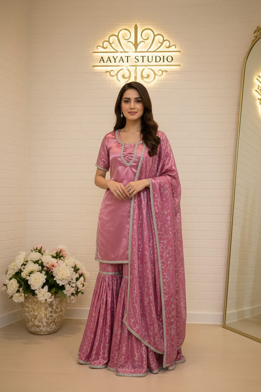 Dusty Rose Silk Sharara Suit | Silver Zari Jacquard Kurta Pakistani Dress – Aayat Studio - Aayat Studio- House of embroidery