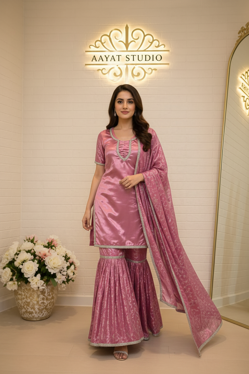 Dusty Rose Silk Sharara Suit | Silver Zari Jacquard Kurta Pakistani Dress – Aayat Studio - Aayat Studio- House of embroidery
